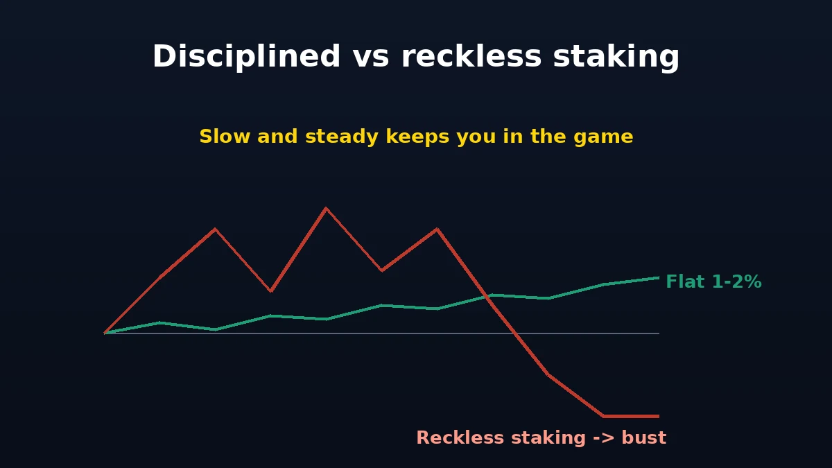 Chart comparing disciplined flat staking with reckless staking that goes bust